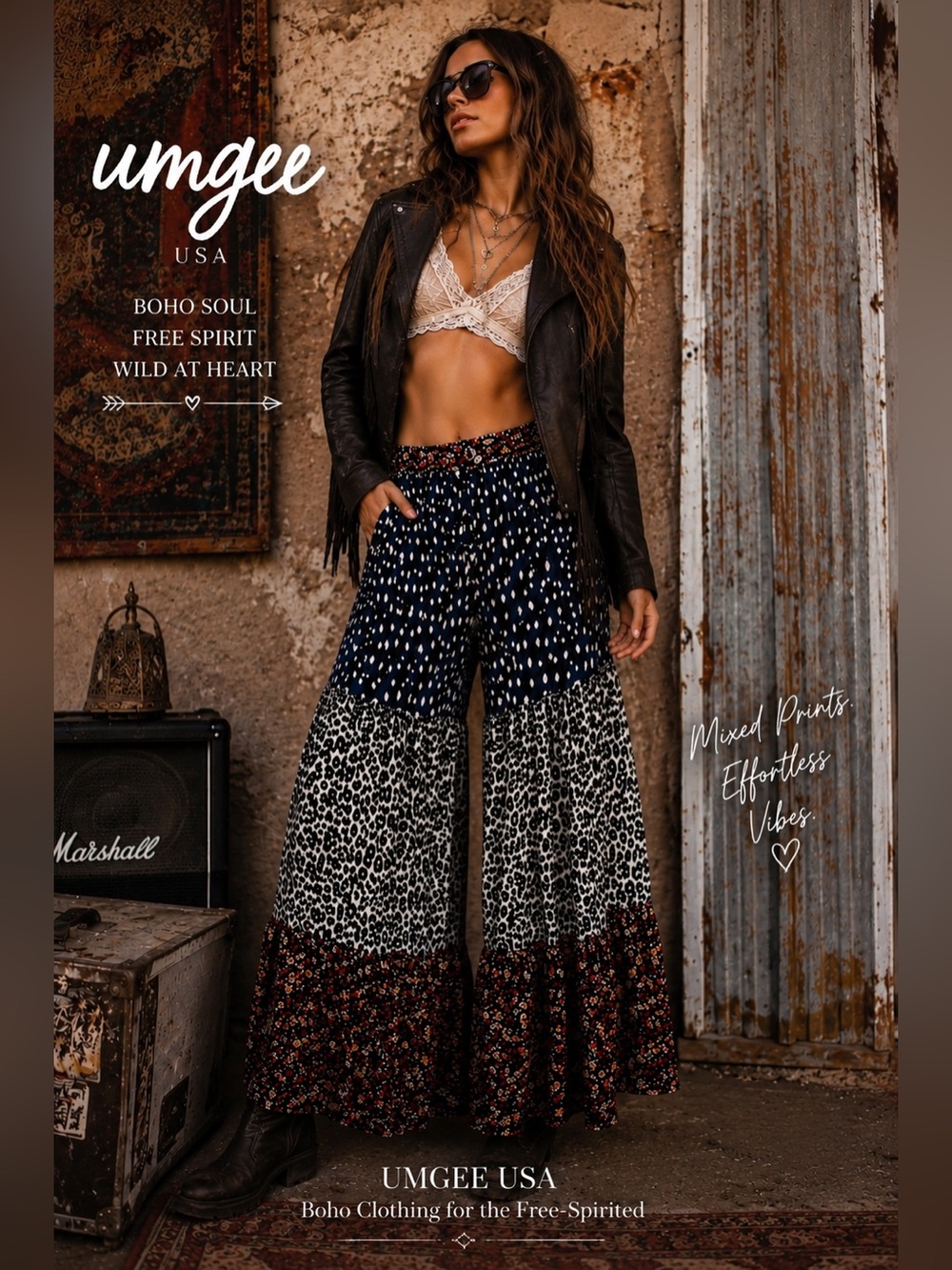 Umgee Mixed Print Wide Leg Palazzo Pants L eclectic Boho Festival Resort Indie C